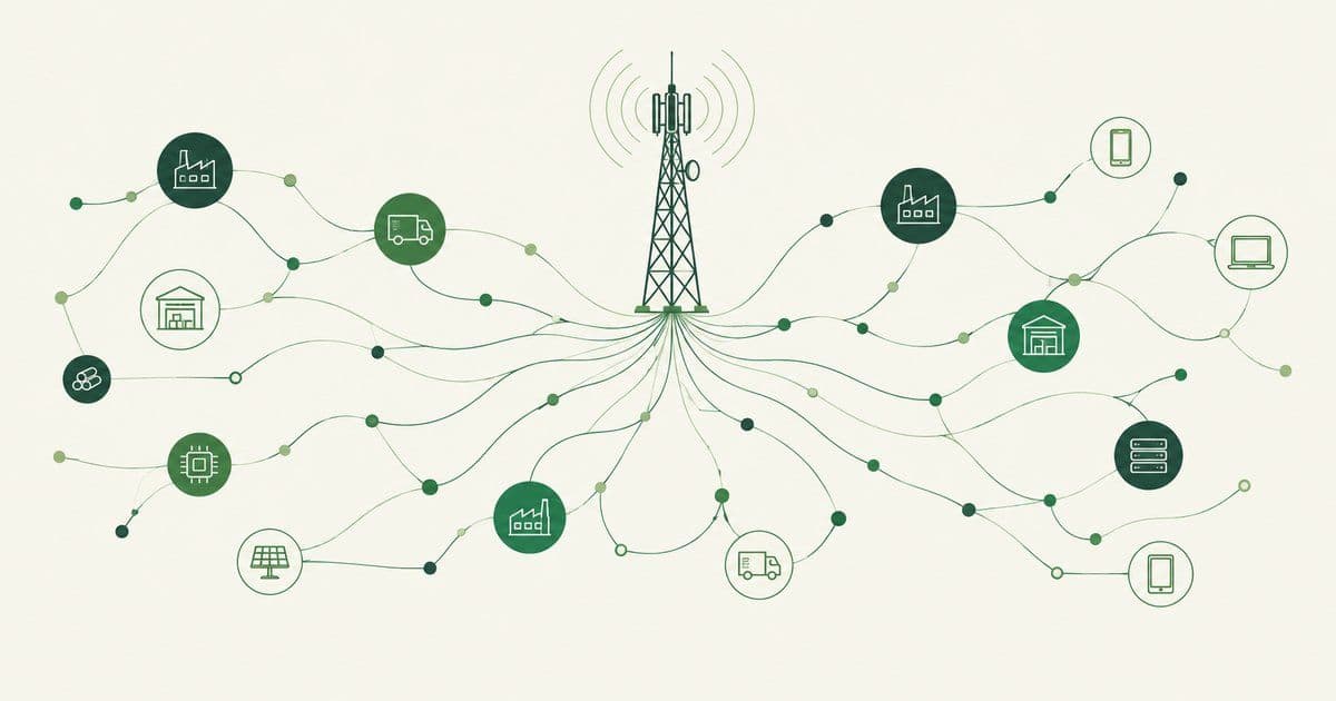 Ilustração de uma torre de telecomunicações conectada por linhas a fábricas, caminhões, armazéns, painéis solares, servidores e aparelhos